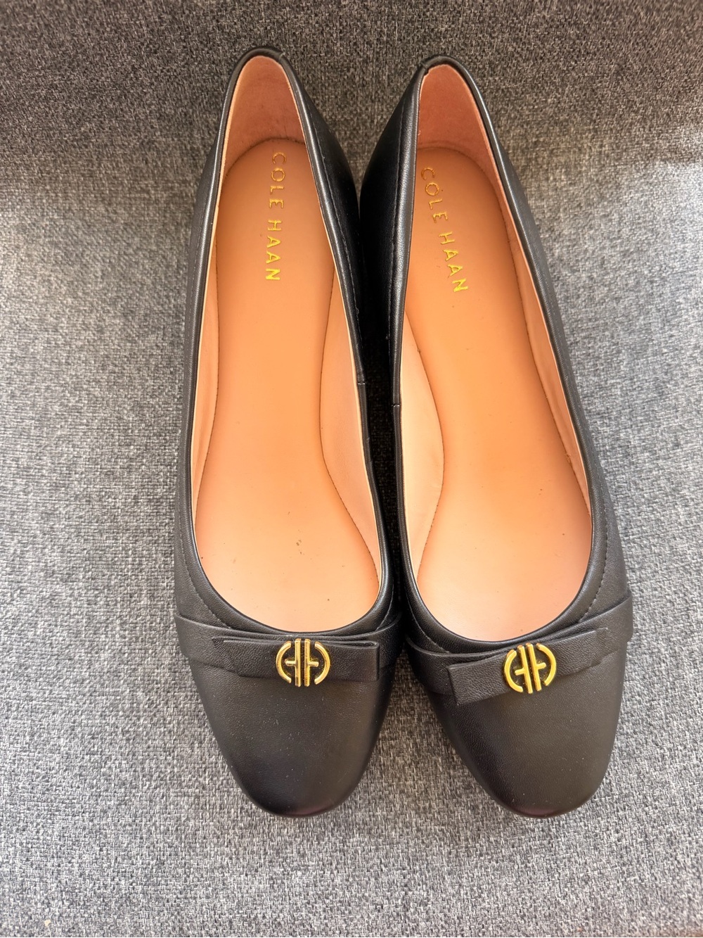 BRAND NEW! Cole Haan Black Leather Ballet Flats with Gold Emblem
